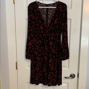 Chaps Black and Red Fit and Flare Dress with Long Bell Sleeves